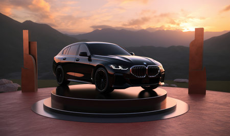 3D rendering of a sports car on a podium in the sunsetの素材
