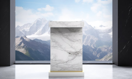 3d render of podium with marble pedestal in room with mountainsの素材