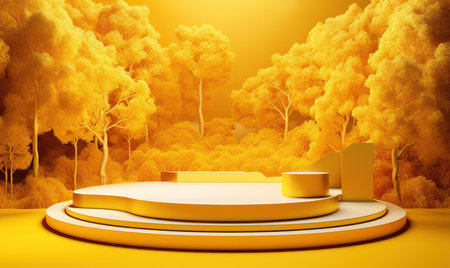 3d render of golden podium for product display with autumn forest background.の素材