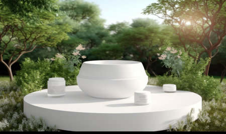 3d render of white round podium in the garden with natural backgroundの素材