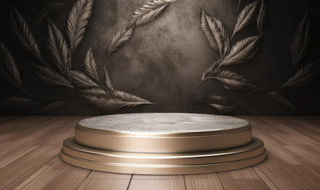 Podium on wooden floor and dark wall background. 3D renderingの素材