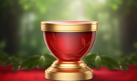 3d illustration of golden trophy cup with red ribbon and green leavesの素材