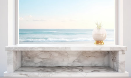 White marble shelf with sea view on the background. 3d renderingの素材