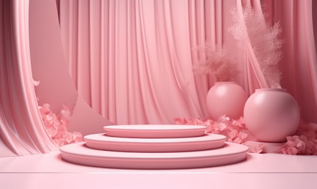 3d render of podium for product display with pink fabric background.の素材