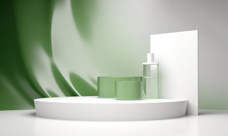 3d rendering of cosmetic product display podium with green wave background.の素材