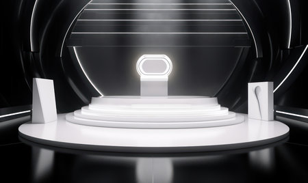 Futuristic white podium in a dark room. 3D renderingの素材