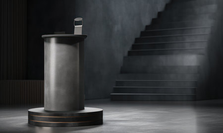 Podium with microphone in dark room with stairs. 3d renderの素材