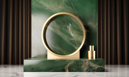 3d render of podium for product presentation with gold round mirror, curtain and marbleの素材