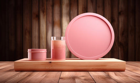 Cosmetic product on wooden shelf in front of wooden wall 3D renderingの素材