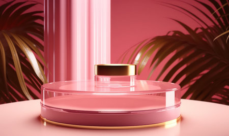 3d render of pink podium with palm leaves in the background.の素材