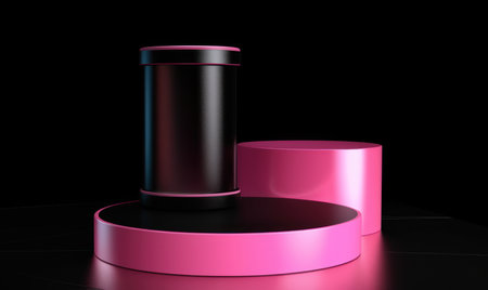 3d rendering of a black podium with a pink cylinder on a black backgroundの素材