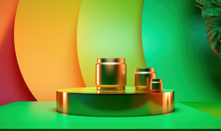 3d render, abstract background, podium for product presentation, empty round stage with gold and green color, geometric shapesの素材
