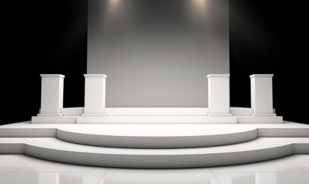 White podium with pedestals on a black background. 3d renderingの素材