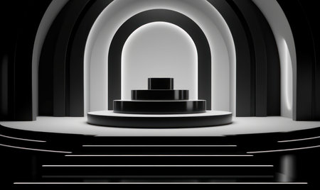3d rendering of a black podium in the middle of a tunnelの素材