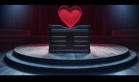 Red heart on a podium in a dark room, 3d renderの素材
