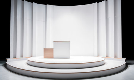 Empty white podium in modern interior. Presentation concept. 3D Renderingの素材