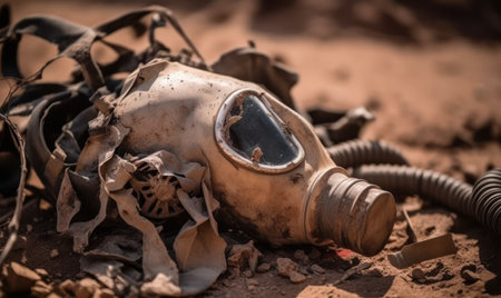 Old gas mask in the desert. Coronavirus concept.の素材