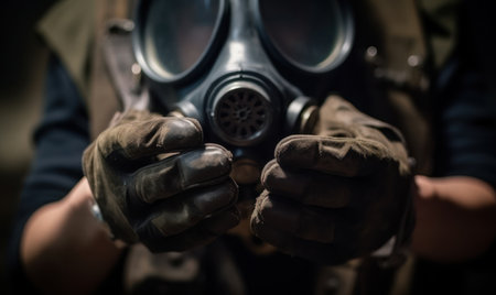 Close-up of a man's hands wearing gas mask and glovesの素材