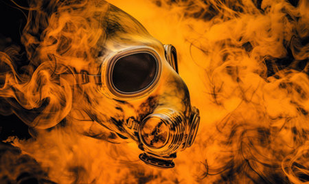 Close up of a gas mask with fire on a black background.の素材