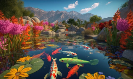 Koi fish swimming in pond with colorful flowers and mountains in backgroundの素材