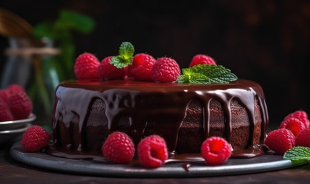Chocolate cake with raspberries and mint on a dark backgroundの素材