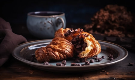 Coffee and croissants with chocolate on a wooden tableの素材