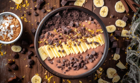 Chocolate mousse with banana and chocolate chips on a wooden backgroundの素材