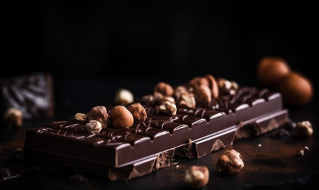 Chocolate bar with hazelnuts on a black background, selective focusの素材