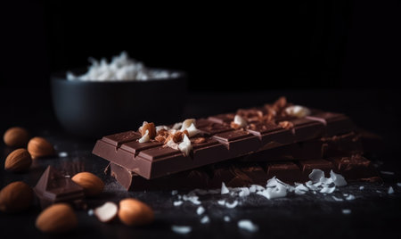 Pieces of chocolate with nuts and coconut on a dark background.の素材