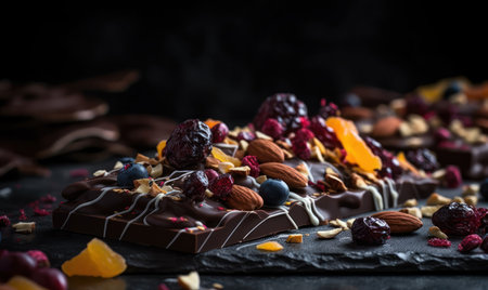 Chocolate with nuts and dried fruits on a black slate plate.の素材