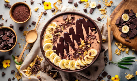 Chocolate smoothie bowl with banana, chocolate chips and cocoa powderの素材