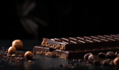 Chocolate bar with hazelnuts on a black background. Copy space.の素材