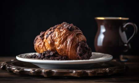 Croissant with chocolate chips on a wooden table. Dark background.の素材