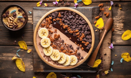 Chocolate smoothie bowl with banana and nuts on old wooden tableの素材