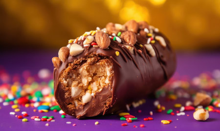 Chocolate roll with nuts and candies on a purple background.の素材