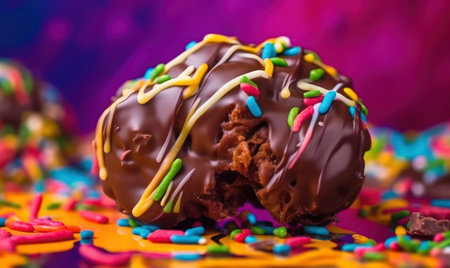 Chocolate donuts with colorful sprinkles on a colorful background.の素材