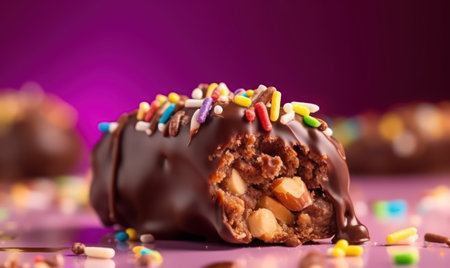Chocolate candies with nuts and sprinkles on a purple backgroundの素材