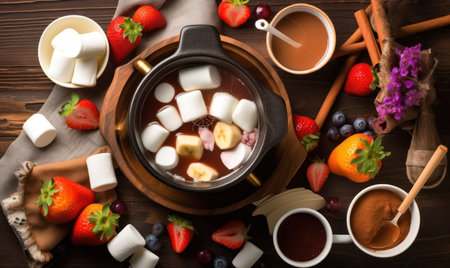 Hot chocolate with marshmallows and fruits on wooden table, top viewの素材