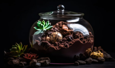 Eggs in a glass jar with succulents on a black backgroundの素材
