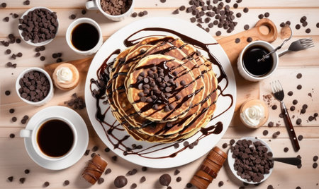 Plate with tasty pancakes, coffee and chocolate chips on wooden backgroundの素材