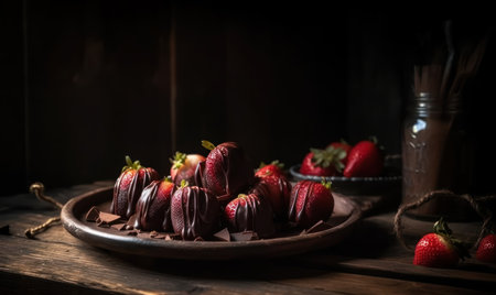 Strawberries in chocolate glaze on a rustic wooden backgroundの素材