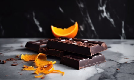 Dark chocolate with orange slices on a marble table. Black background.の素材