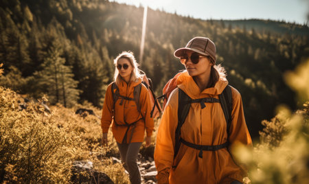 Two young women hiking in the mountains. Hikers with backpacksの素材