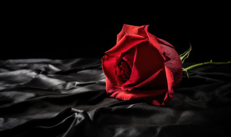 Beautiful red rose on black fabric background, valentines day conceptの素材