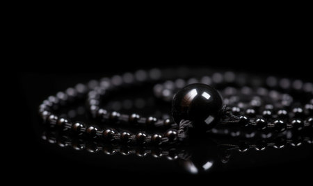 Black pearl necklace on a black background. Shallow depth of field.の素材