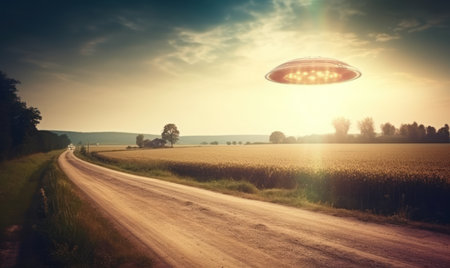 Flying saucer over rural road. 3d rendering toned imageの素材