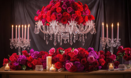 Beautiful red roses on the table with candles and chandelierの素材