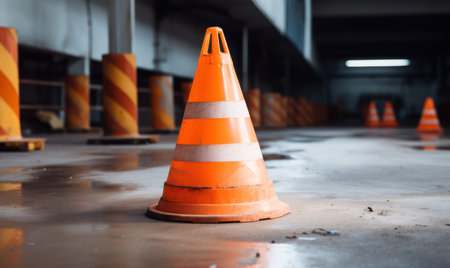 Traffic cones on the floor in a construction site, under constructionの素材