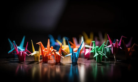 Colorful origami boats on a dark background. Selective focusの素材