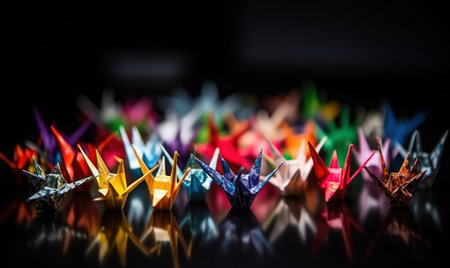 Colorful paper cranes on black background. Selective focus.の素材
